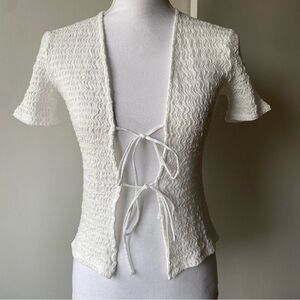 ZARA White Tie‎ Front Shirt Size Small Textured Sexy Top Woven 3 Ties EUC bows